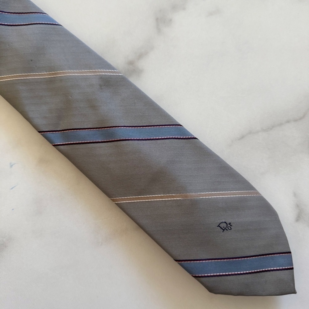 Christian Dior Gray Blue Stripe Silk Blend Tie
